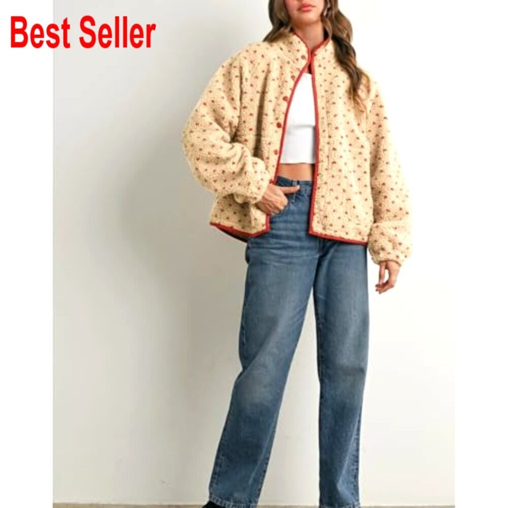 Oversized Sherpa Puffer Jacket Button Down High Neck Polka Dot Cozy Quilted - Picture 6 of 7